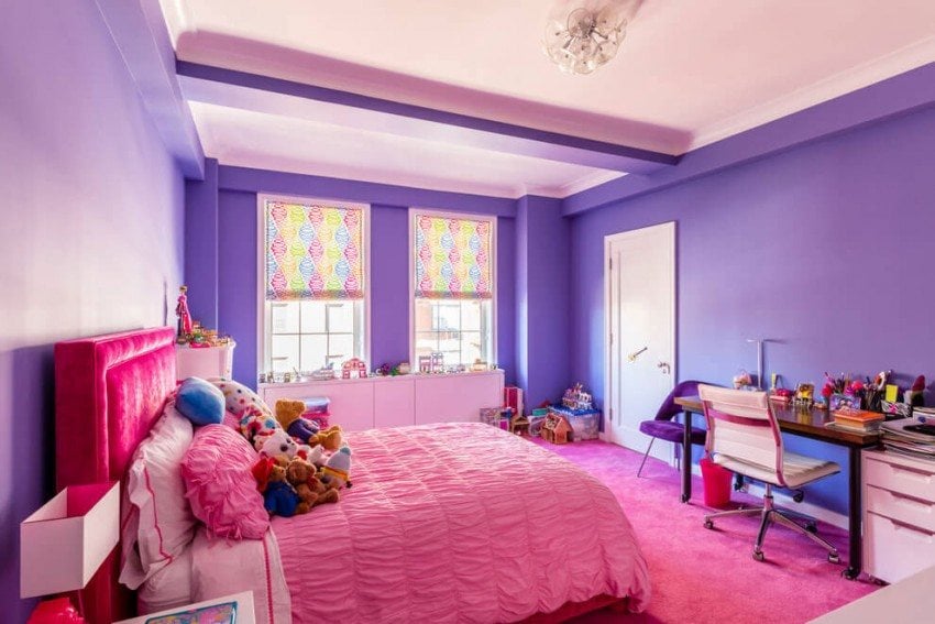 Farbgestaltung Ideen -nyc-appartement-maedchenzimmer-lila-wandfarbe-pinkbettwaesche-teppich
