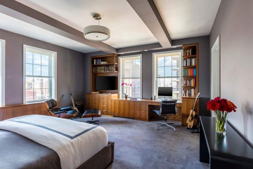 Farbgestaltung Ideen -nyc-appartement-schlafzimmer-grau-wandfarbe-holz-moebel-wandschrank