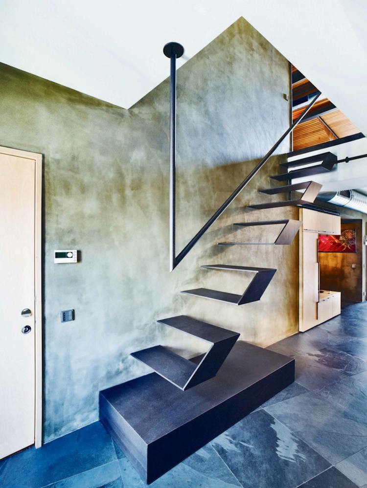 geländer design ideen industriell stil decke metall stufen originell marmor fliesen