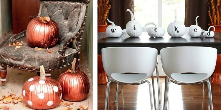 halloween dekoration ideen glanz kupfer tischdeko weiss kuerbisse