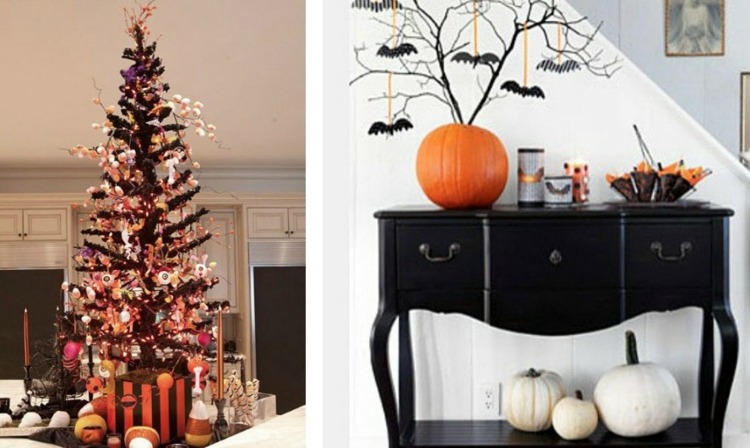 halloween dekoration ideen tannenbaum originelle kommode strauss zweige fledermaeuse