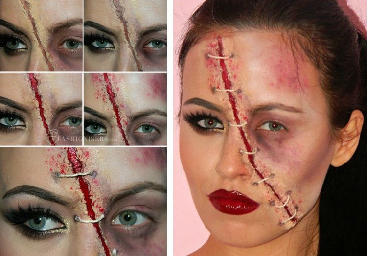 halloween gesichter schminken damen look zombie wunde 3d effekt