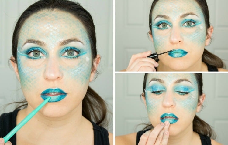 halloween gesichter schminken meerjungfrau lippen blau tuerkis glitzer einfach