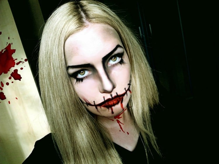 halloween gesichter schminken vampir kostuem damen naht imitation