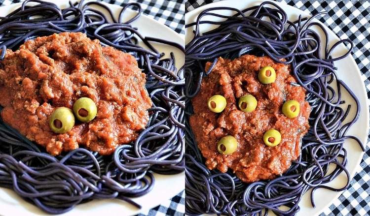 halloween-party-rezepte-spagetti-schwarz-bolognese-sauce-oliven