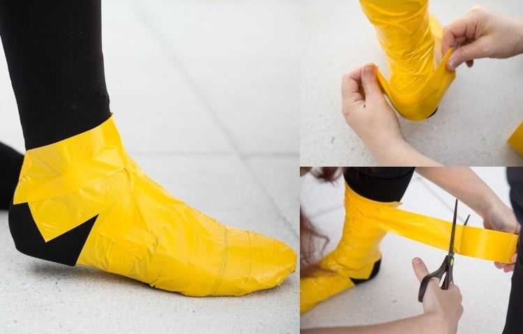 halloween-verkleidung-maenner-selber-machen-superheld-schuhe-diy-klebeband-gelb