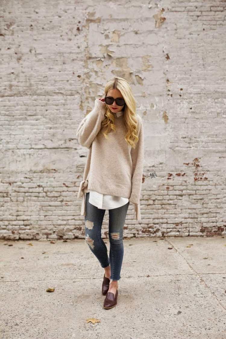 herbst outfit mit pullover weit beige jeans used look