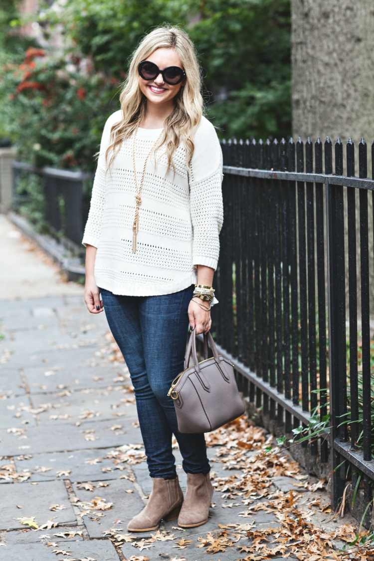 herbst outfit pullover weiss look elegant beige boots jeans