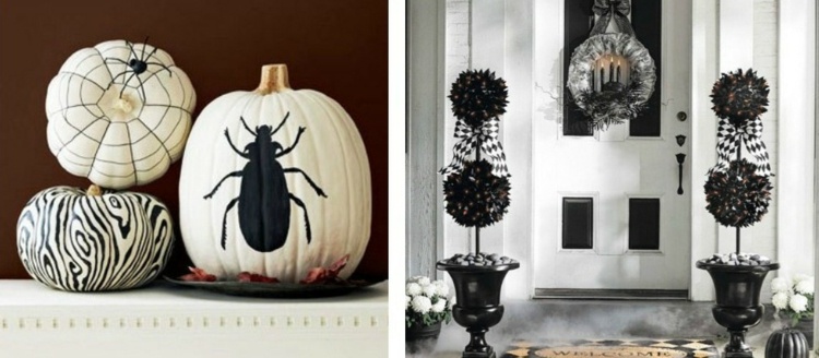 ideen halloween dekoration schwarz weiss design kuerbis kaefer kranz eingangstuer