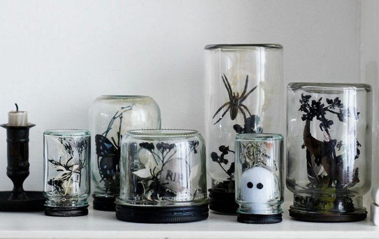 ideen halloween dekoration terrarium gestaltung einweckglas spinnen gespenst