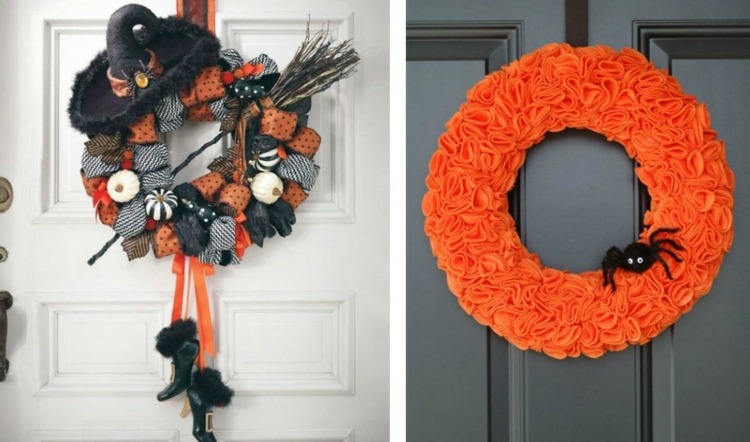 ideen halloween dekoration tuerkranz design orange spinne hexen motiv