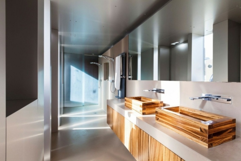interieur beton aluminium badezimmer recycelt holz waschbecken offen dusche