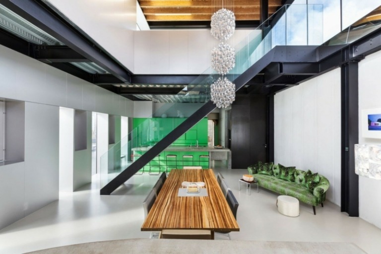 interieur beton aluminium esszimmer design minimalistisch sofa gruen