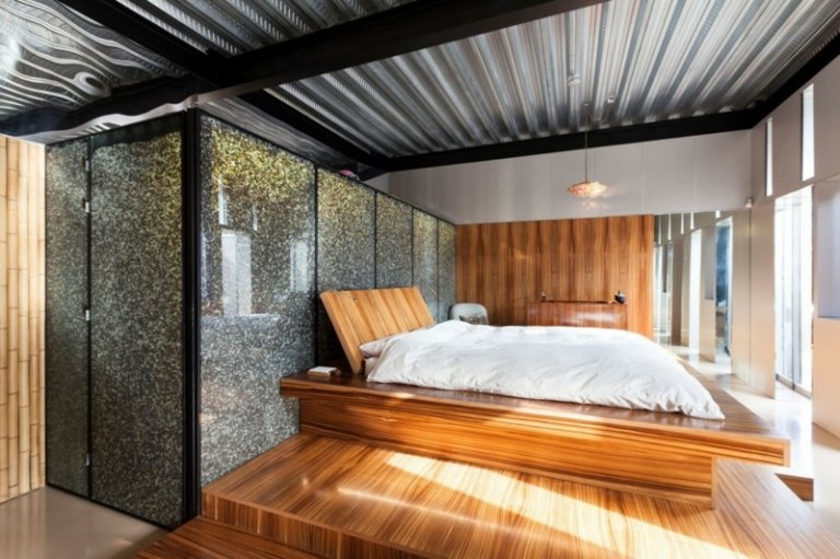 interieur beton aluminium hell holz schlafzimmer grau wandgestaltung bett