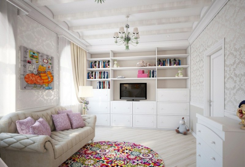 kinderzimmer weiss tapete muster schimmer wohnwand bunt teppich farben sofa