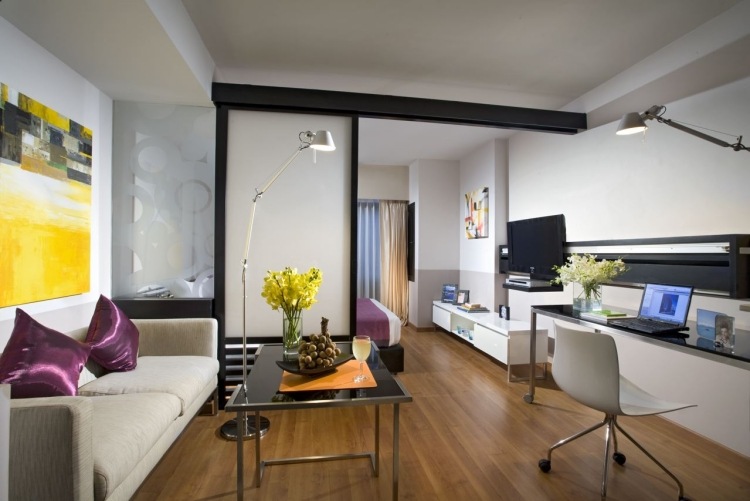 kleines-zimmer-einrichten-einzimmerwohnung-modern-stilvoll-schwarz-weiss-couch-grau-holzboden