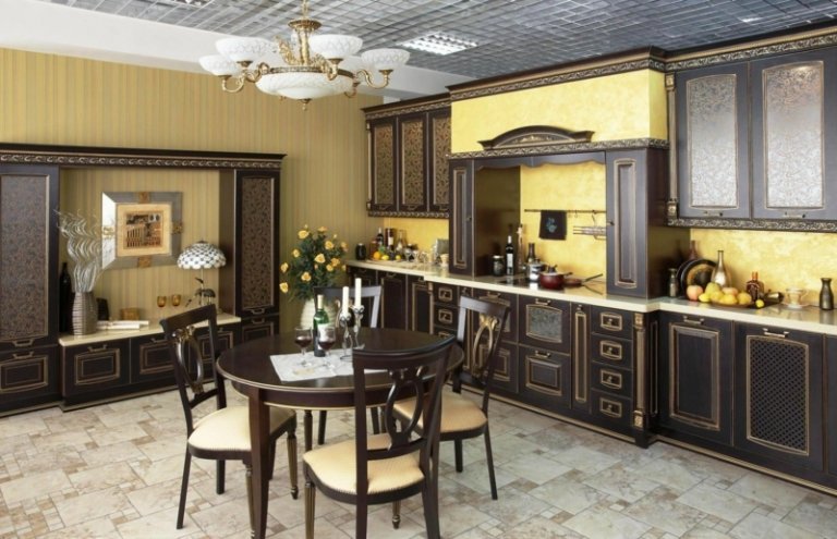 landhausstil küche edel design schwarz gold akzente rund esstisch grau fussboden fliesen