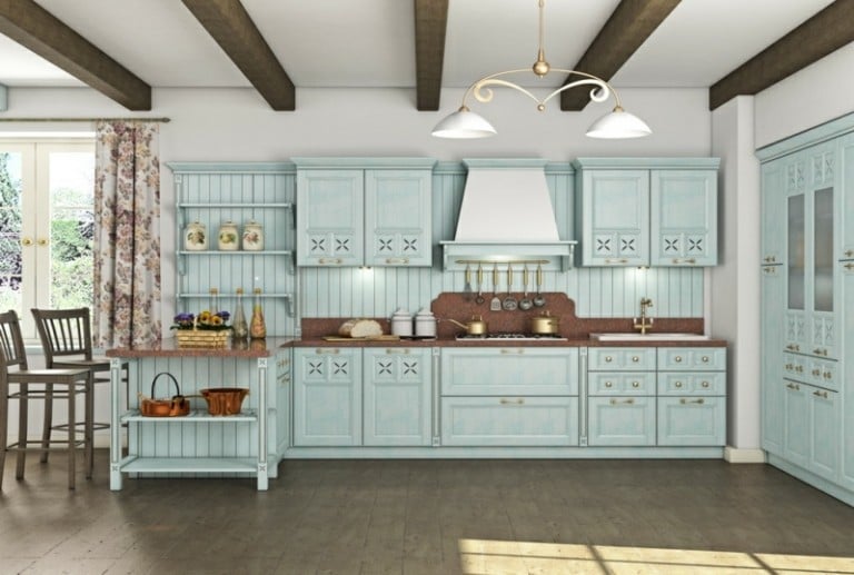 landhausstil küche rustikal hellblau barstuehle decke balken