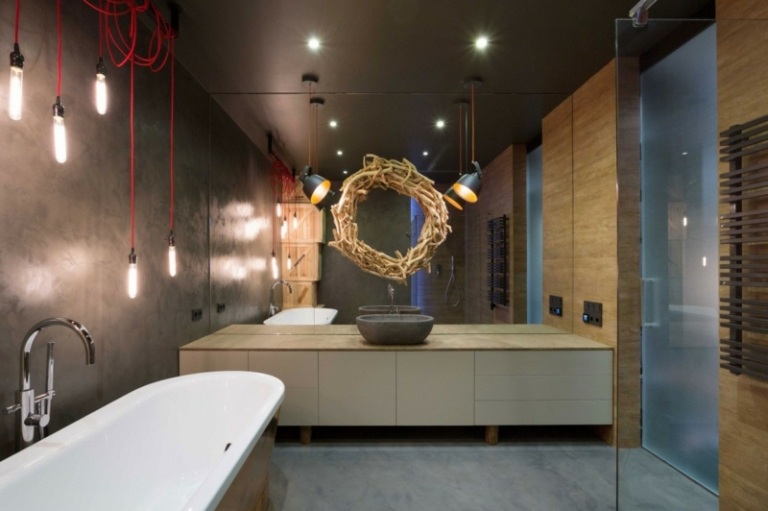 loft mit grauen möbeln waschkonsole weiss modern waende badezimmer
