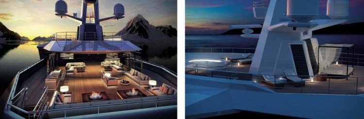 luxus yacht design deck pool tagesbett chaiselonge feuerstelle