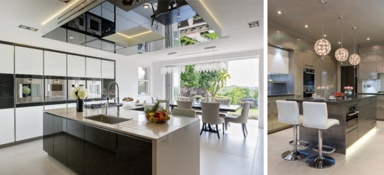 moderne-kucheneinrichtungen-hi-tech-minimalistisch-grau-weiss-hochglanz-pendelluchen-panoramafenster