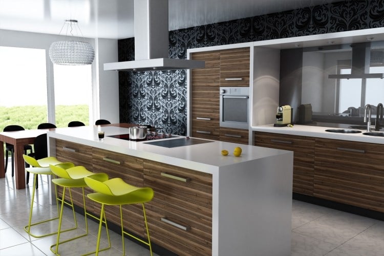 moderne-kucheneinrichtungen-hi-tech-minimalistisch-holz-kuecheninsel-hocker-gelb-akzent-tapete-baockmuster