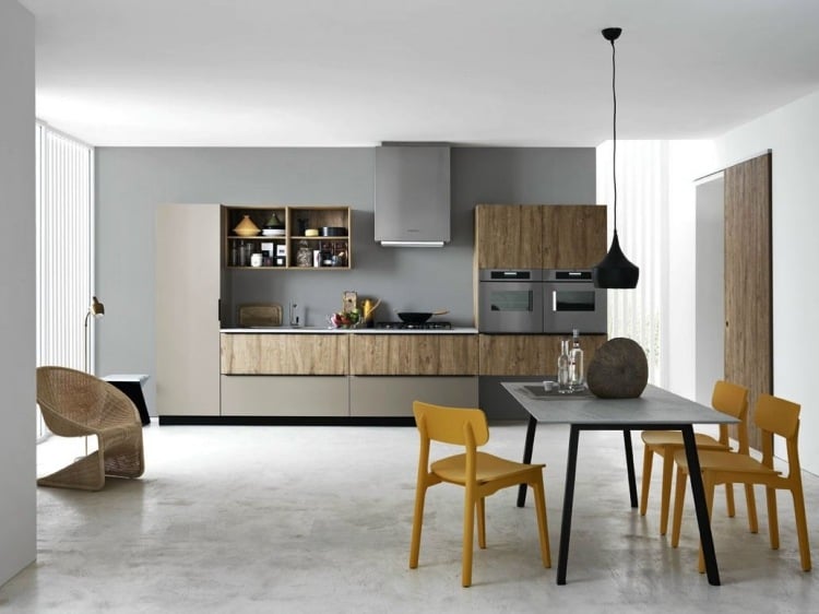 moderne-kucheneinrichtungen-hi-tech-minimalistisch-pendelleuchte-holz-grau-esstisch-stehle-gelb