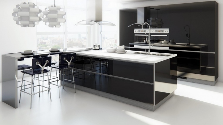 moderne-kucheneinrichtungen-hi-tech-minimalistisch-schwarz-weiss-edelstahl-hocker-kuecheninsel