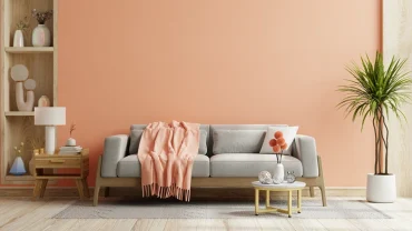 orange rosa wand hinter grauer couch