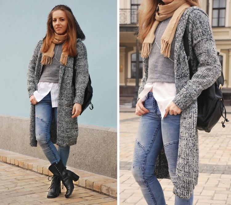 Outfit Ideen mit Strickjacken-oversize-grau-melange-jeans-hemd-bluse