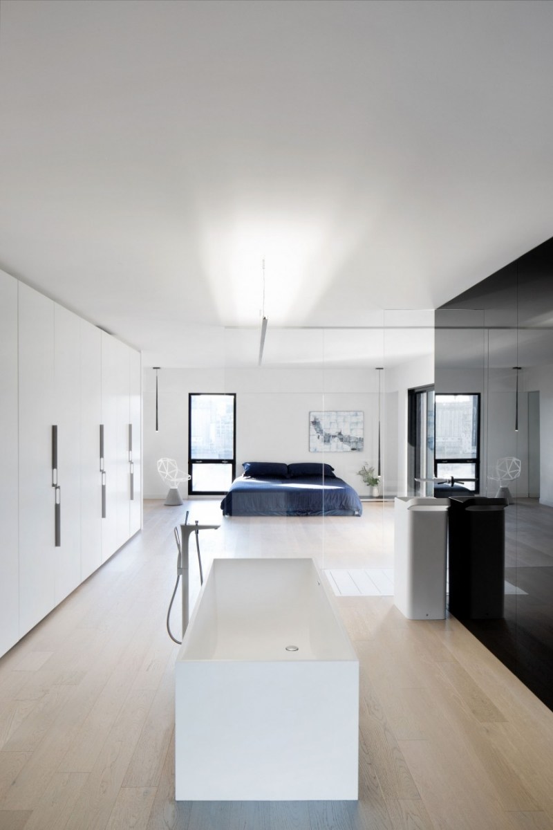 raumgestaltung-ideen-betondecke-modern-minimalistisch-schlafzimmer-badewanne