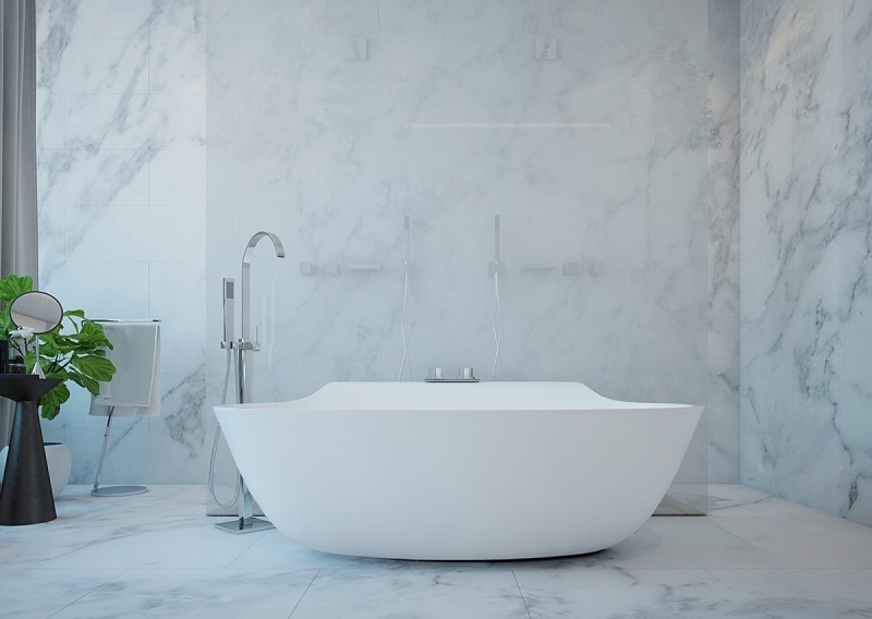 raumgestaltung-ideen-grau-badezimmer-marmor-weiss-badewanne-freistehend-glaswand-dusche
