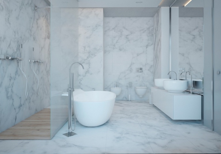 raumgestaltung-ideen-grau-badezimmer-marmor-weiss-badewanne-oval-duschkabine