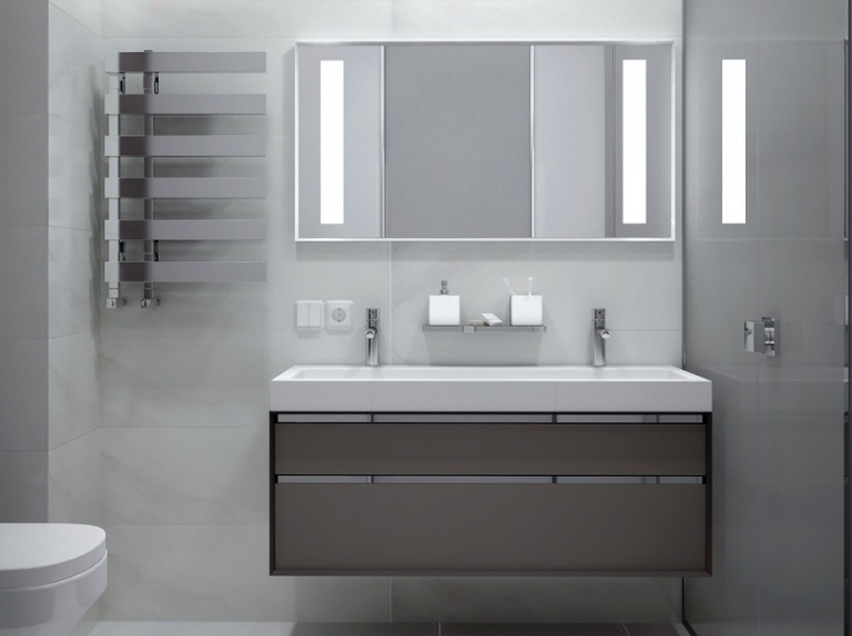 Raumgestaltung Ideen -grau-badezimmer-waschtisch-kantig-spiegel-glastuer