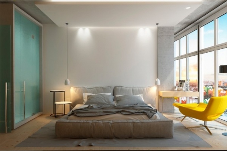 raumgestaltung-ideen-grau-farbige-akzente-schlafzimmer-gelb-panoramafenster-bett