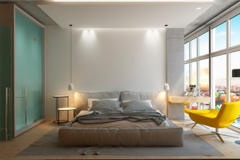 raumgestaltung-ideen-grau-farbige-akzente-schlafzimmer-gelb-panoramafenster-bett