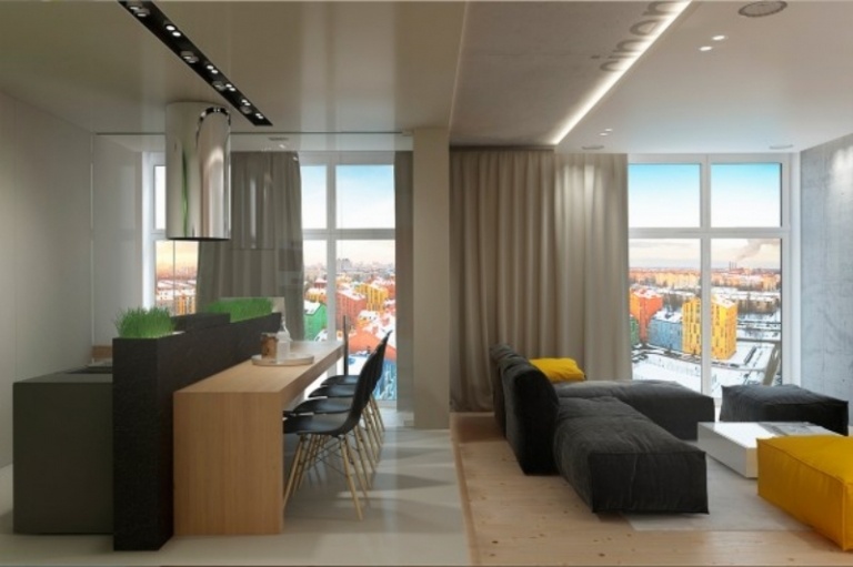 raumgestaltung-ideen-grau-farbige-akzente-wohnzimmer-schwarz-sitzmoebel-offene-kueche