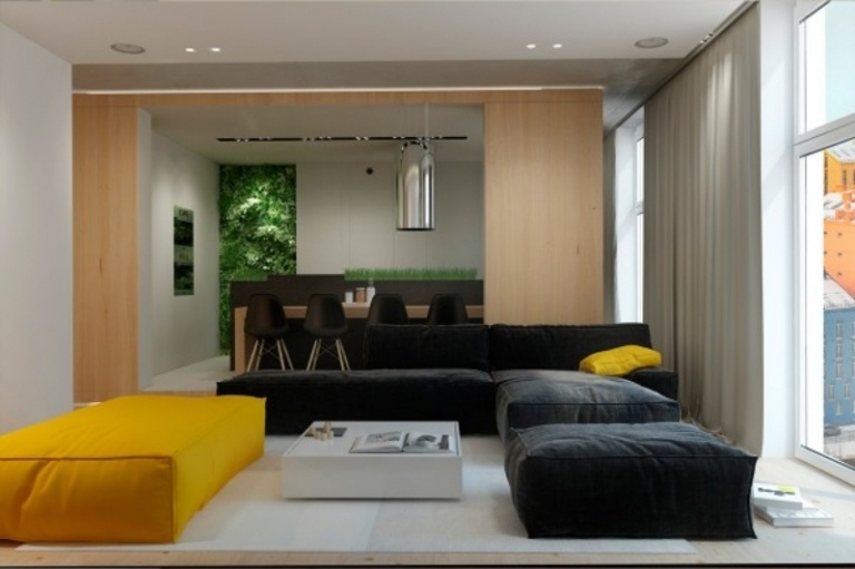 raumgestaltung-ideen-grau-farbige-akzente-wohnzimmer-sofa-schwarz-module-gelb