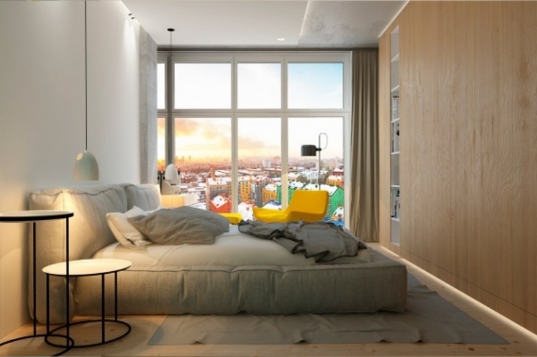 raumgestaltung-ideen-grau-gelb-schlafzimmer-polsterbett-wandverkleidung-holz