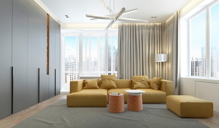 raumgestaltung-ideen-grau-gelb-wohnzimmer-fenster-forhaenge-beistelltische