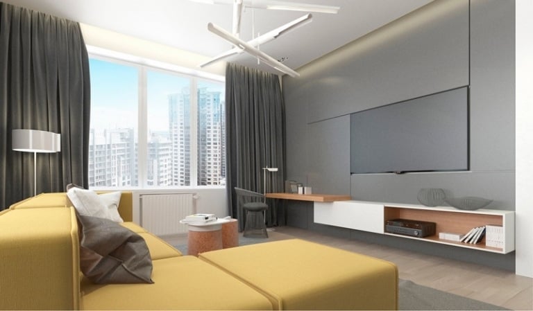 raumgestaltung-ideen-grau-gelb-wohnzimmer-sofa-vorhaenge-fernseher-tvkonsole
