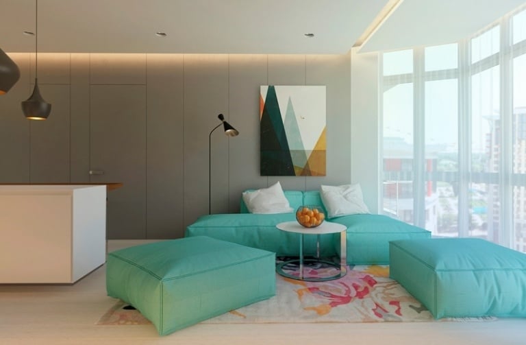 raumgestaltung-ideen-grau-mintgruen-sitzkissen-sofa-module-panoramafenster-teppich