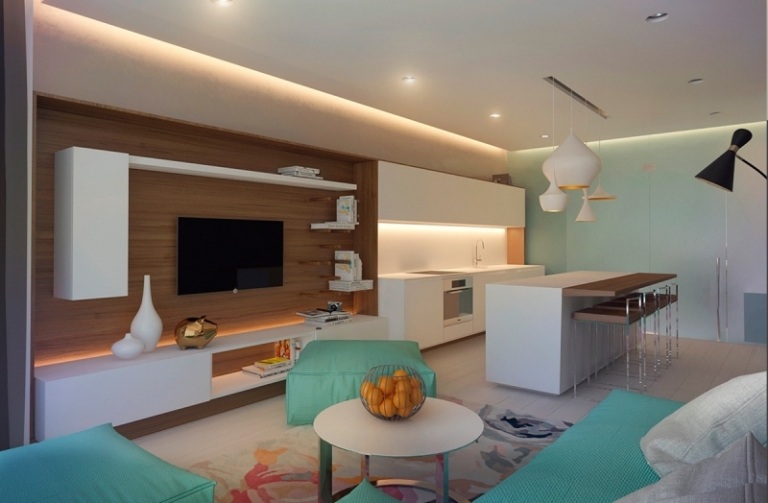 raumgestaltung-ideen-grau-mintgruen-wohnzimmer-wohnwand-offene-kueche-minimaliatisch