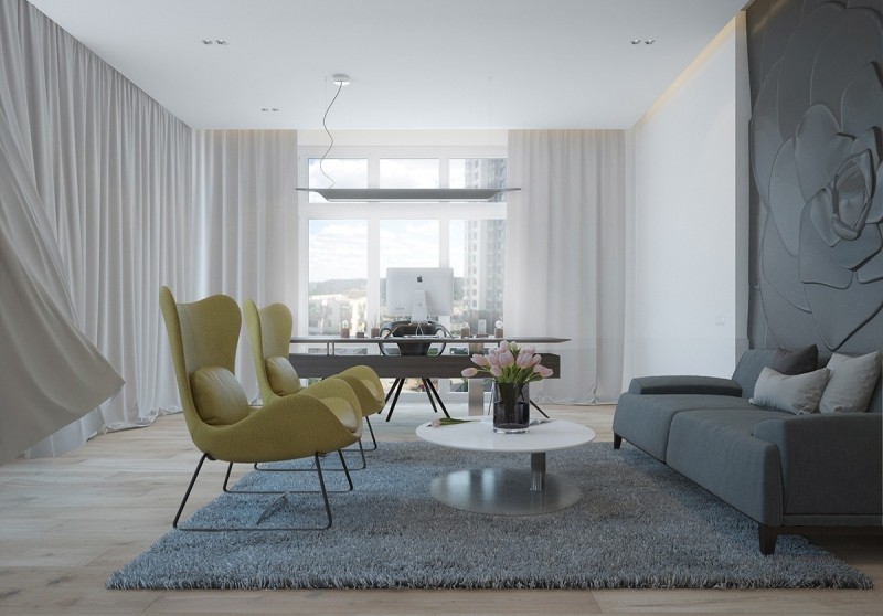 raumgestaltung-ideen-grau-struktur-arbeitszimmer-sessel-gelb-teppich-couch