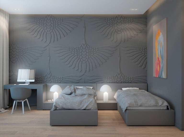 Raumgestaltung Ideen -grau-struktur-doppeltes-schlafzimmer-nachtlampen-rechner