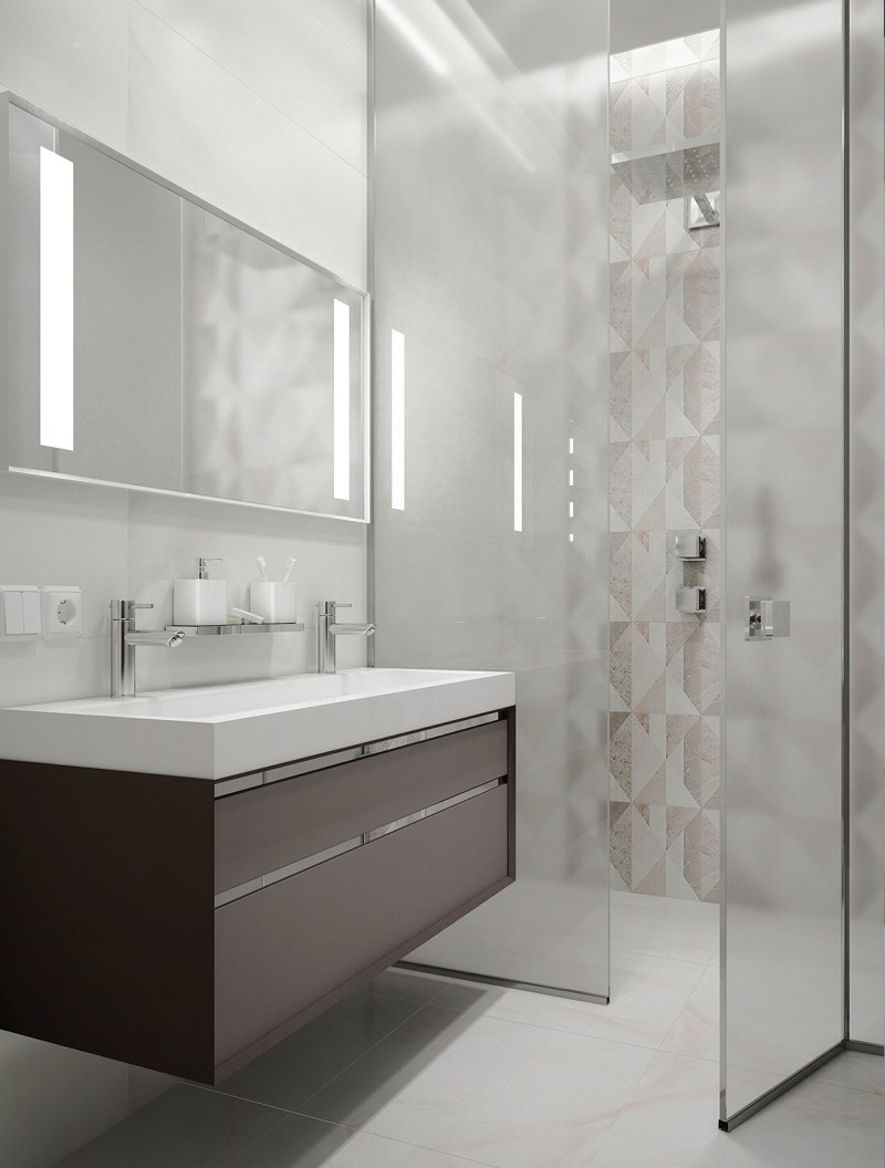 Raumgestaltung Ideen -grau-struktur-fliesen-weiss-badezimmer-dusche-waschtisch-waschtisch-kantig