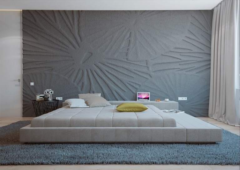 Raumgestaltung Ideen -grau-struktur-schlafzimmer-bett-gross-polsterbett-teppich