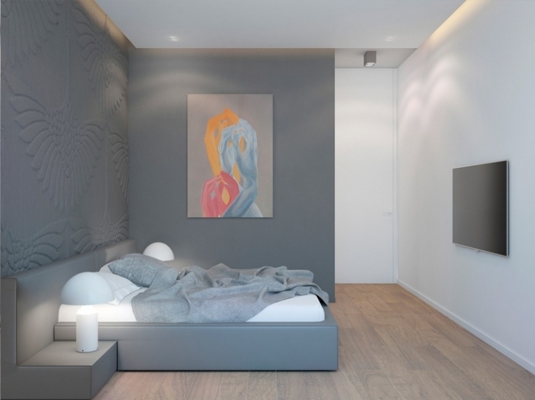 raumgestaltung-ideen-grau-struktur-wand-gaesteschlafzimmer-golzboden-bild-farbe
