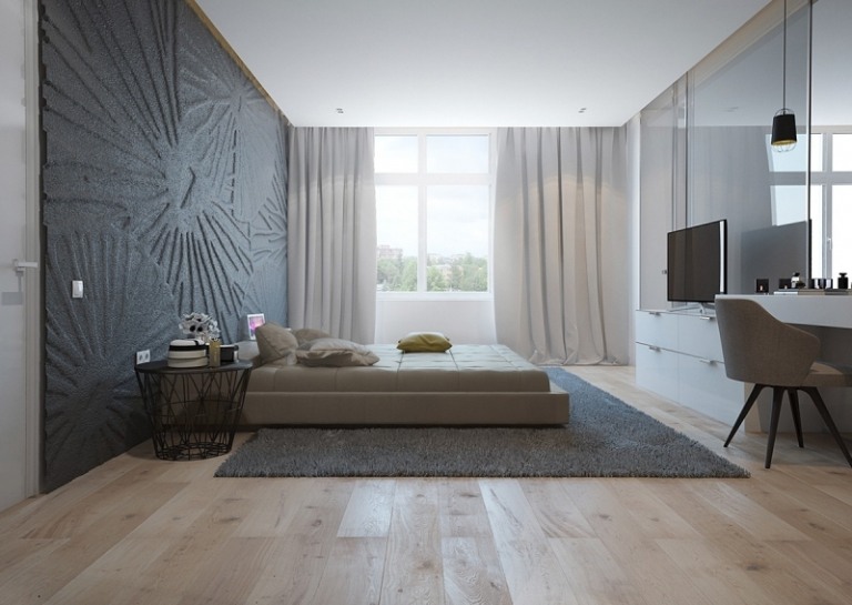 Raumgestaltung Ideen -grau-struktur-wand-schlafzimmer-holzboden-schminkkommode-tvkonsole