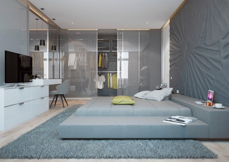 Raumgestaltung Ideen -grau-struktur-wand-schlafzimmer-polsterbett-tvkonsole-teppich